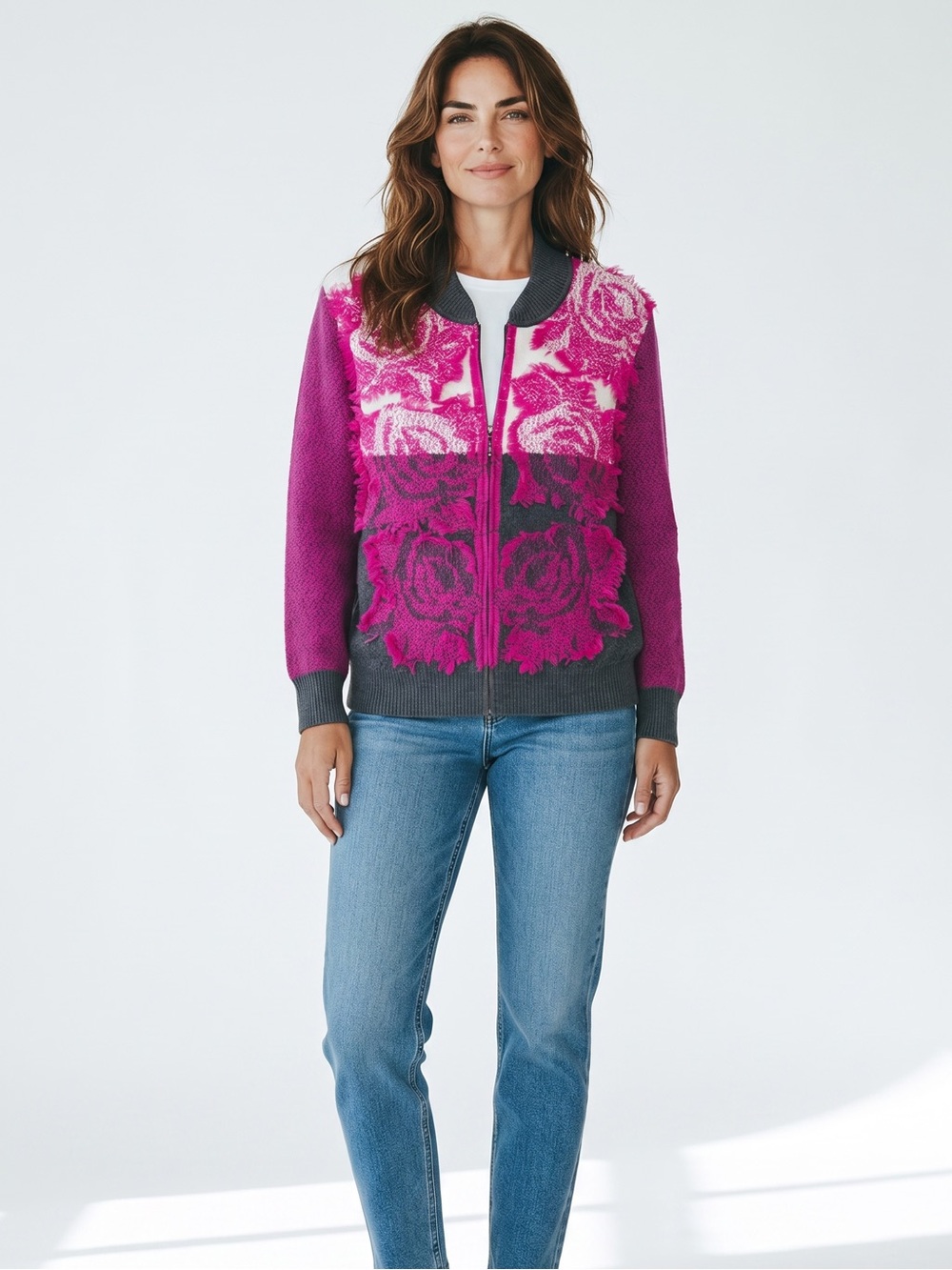 Vintage St. John Fuchsia Floral Knit Jacket with Gray Trim